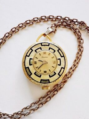 Vintage Lucerne Swiss Mechanical Pocket Watch Pendant Necklace Ornate Gold Tone